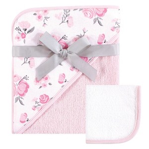 Hudson Baby Infant Girl Cotton Hooded Towel and Washcloth 2pc Set, Pink Floral, One Size - 1 of 1