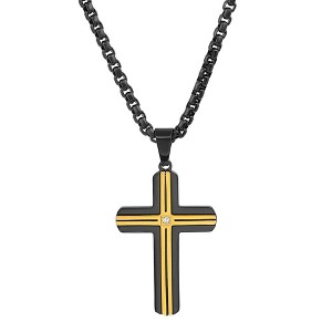 Steeltime 24" two tone black ip and stainless steel with simulated diamond cross pendant - 1 of 4