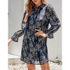 Women's Ruffle Mock Neck Long Sleeve Floral Print Mini Dress Casual Pleated Flowy Babydoll Short Dress - 3 of 4