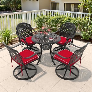 5-Piece Round Cast Aluminum Patio Set with Swivel Chairs,Red Cushions,and Umbrella Hole - 1 of 4