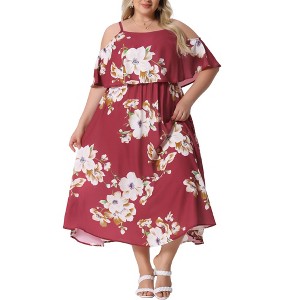 Agnes Orinda Women's Plus Size Floral Cold Shoulder Square Neck Adjustable Strap Summer Ruffle Maxi Sundress - 1 of 4