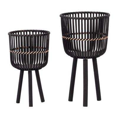 Sagebrook Home 19"/23" Set of 2 Bamboo Wood Planters on Stands, Indoor Outdoor, Black, Tri-Footed Wicker Bamboo Planters Baskets for Garden, Patio,