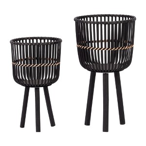Sagebrook Home 19"/23" Set of 2 Bamboo Wood Planters on Stands, Indoor Outdoor, Black, Tri-Footed Wicker Bamboo Planters Baskets for Garden, Patio, - 1 of 4