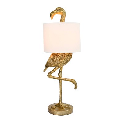 Gold Resin Flamingo Table Lamp with White Linen Shade, 32"