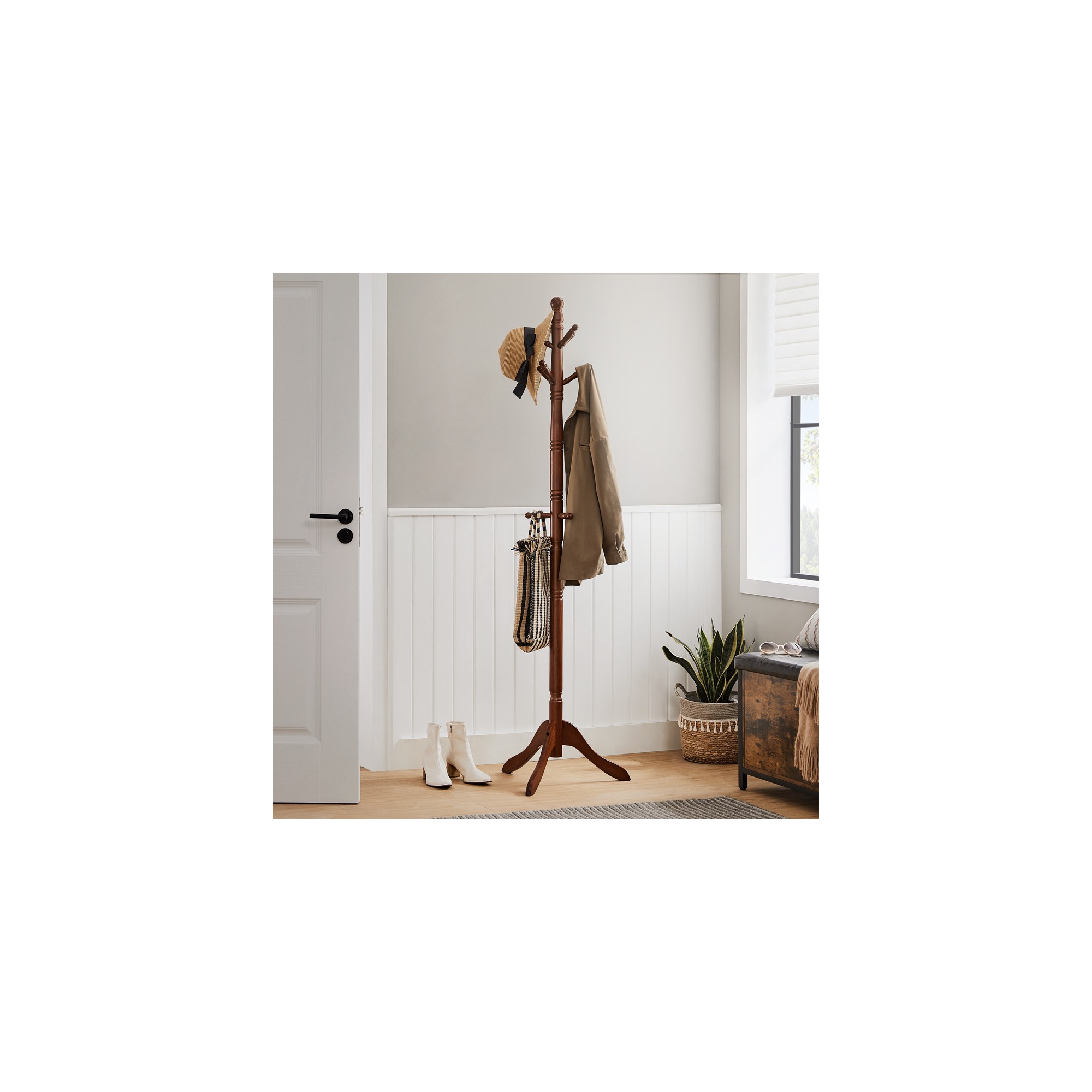 Free Standing Coat Rack Stand - Solid Wood Hall Tree with 10 Hooks, Dark Walnut Finish for Entryway and Hallway ,Dark Walnut