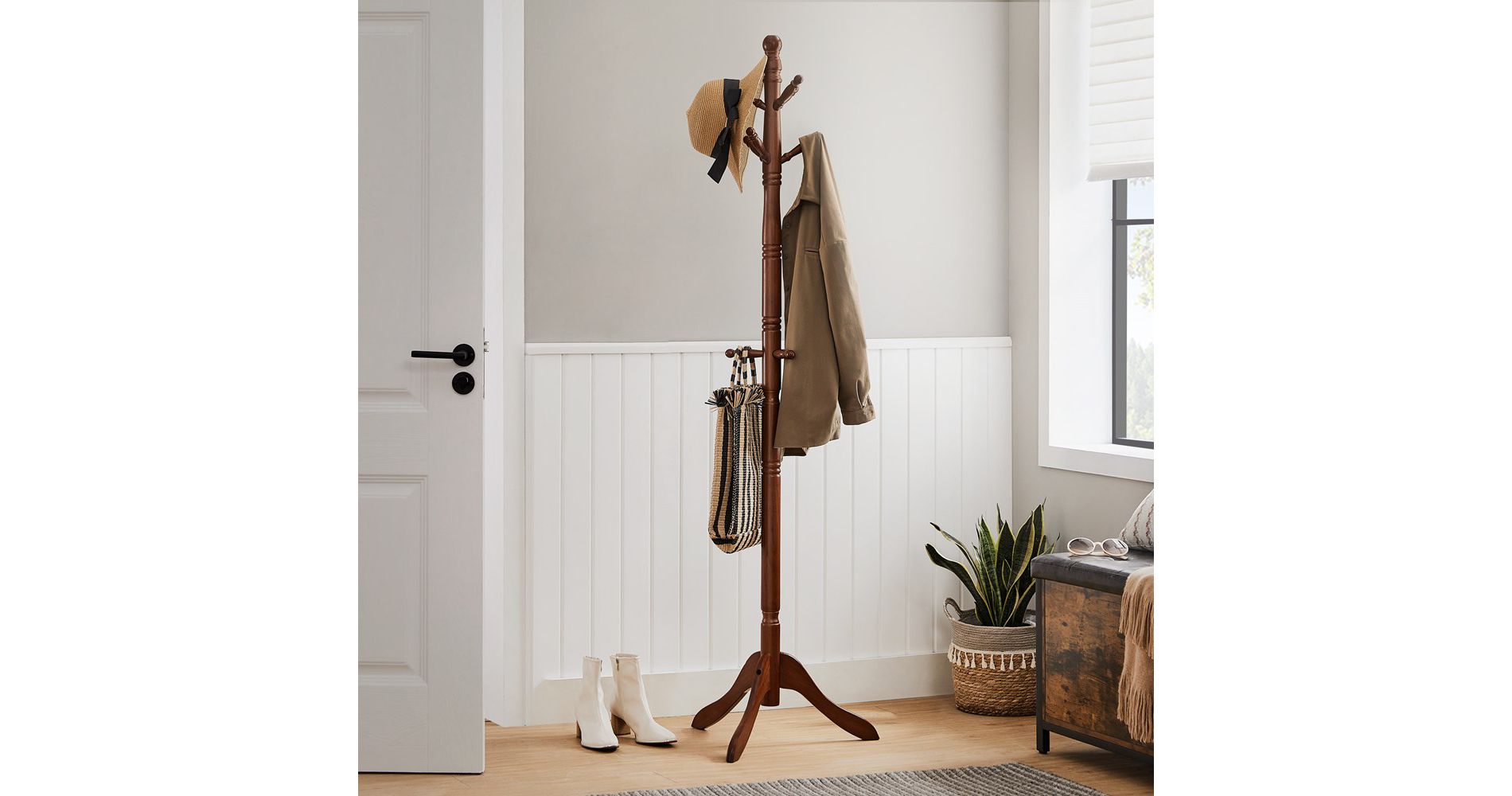 Free Standing Coat Rack Stand - Solid Wood Hall Tree with 10 Hooks, Dark Walnut Finish for Entryway and Hallway