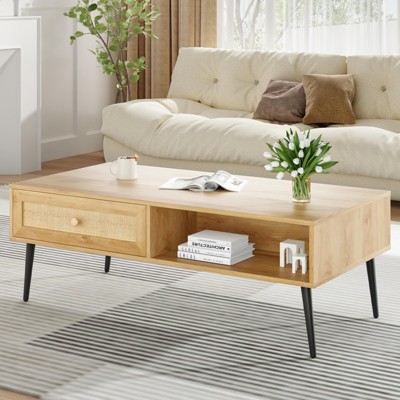 Lirago,Mid-Century Modern Wooden 2-Tier Coffee Table with Rattan Drawer - Compact Storage Solution for Living Room-Natural