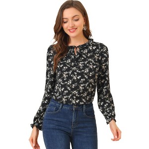 Allegra K Women's Floral Tie Neck Frilly Trim Long Sleeve Chiffon Blouse - 1 of 4