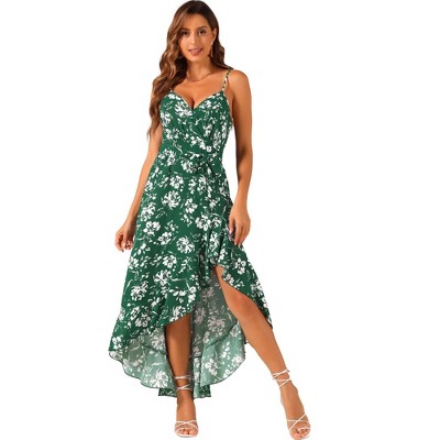 Allegra K Women's Floral Spaghetti Strap Wrap V Neck Ruffle High Low Hem Sleeveless Sundresses with Belt