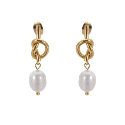 Hollywood Sensation Knot Earrings with Pearl Dangle 1.27 Inches Gold