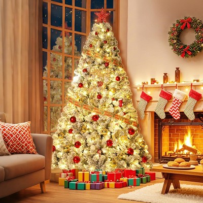 Flocked Artificial Christmas Tree, Prelit with 250 Lights, 8 Light Modes, Easy On/Off Foot Pedal, Foldable Stand