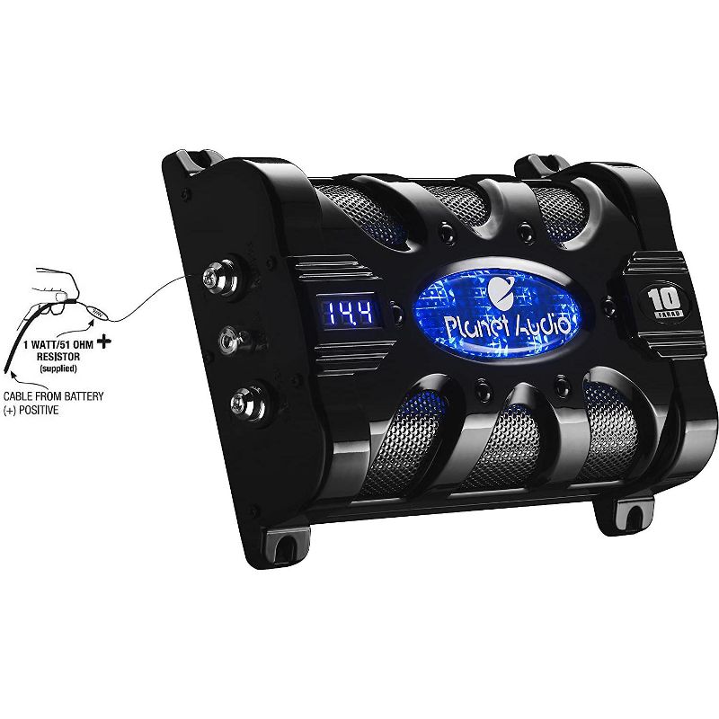 Planet Audio PC10F 10 Farad 24-Volt DC Surge 3-Digit Digital Blue LED Voltage Display Car Audio Power Capacitor Cap, Black, 5 of 7