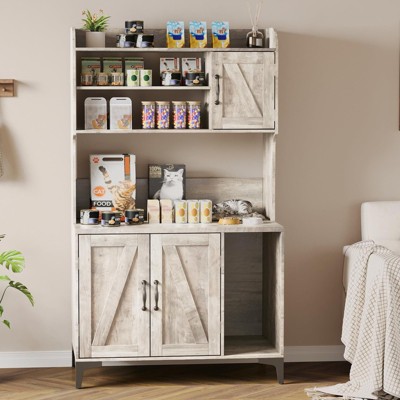 Homhougo Large Cat Litter Box Enclosure Furniture with 3 Open Shelves and Storage Cabinet, Farmhouse Cat House Washroom