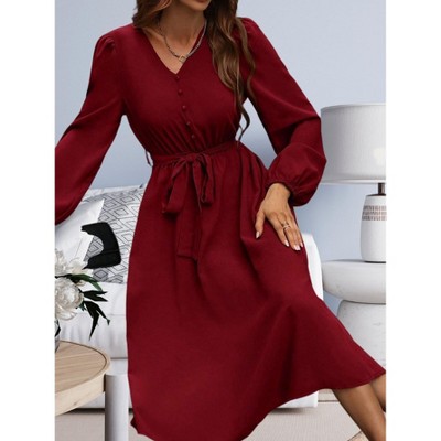 Women's Long Sleeve V-Neck Midi Dresses Flowy A Line Dresses