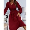 Women's V-Neck Dress Casual Lantern Sleeve Tie Waist Midi Dress - 2 of 4