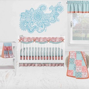 Bacati - Paisley Sophia Coral Aqua 6 pc Crib Bedding Set with Long Rail Guard Cover - 1 of 4