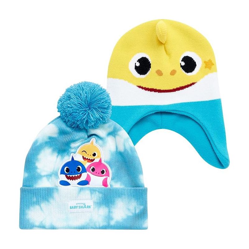 Baby Shark Boys Winter Hat - 2 Pack Pom Beanie & 3D Fin Hat, 1 of 6