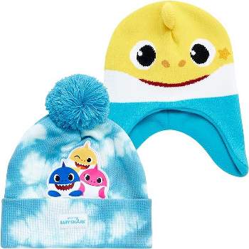 Baby Shark Boys Winter Hat - 2 Pack Pom Beanie & 3D Fin Hat