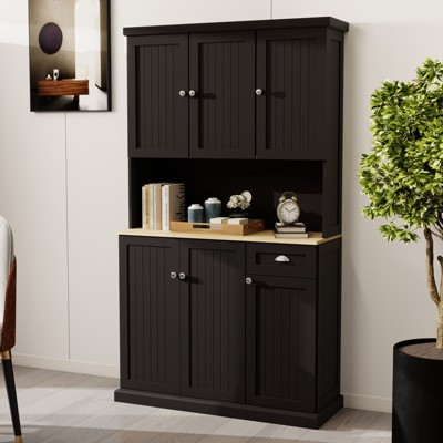 NicBex 71" Multifunctional Buffet Cabinet with Freestanding Hutch Cupboard Cabinet with Microwave Oven Countertop, Adjustable Shelves, Black