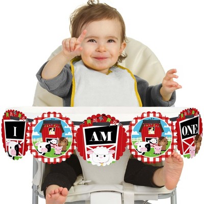 Big Dot of Happiness Farm Animals 1st Birthday Highchair Decor - I Am One - First Birthday High Chair Banner