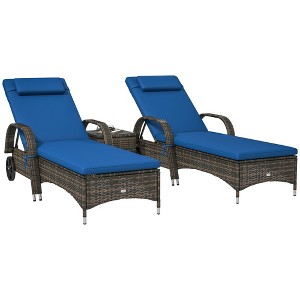 Outsunny Chaise Lounge Set of 2 with 5 Angle Backrest, Wheels, Table, Cushions, PE Rattan Wicker Chairs, 3-Piece Pool Furniture Set, Blue - 1 of 4