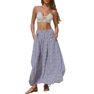 EXLURA Womens Elastic High Waist Flared Maxi Skirts Floral Swing Midi Skirt Casual Summer Long Skirt Beach Vacation Resort