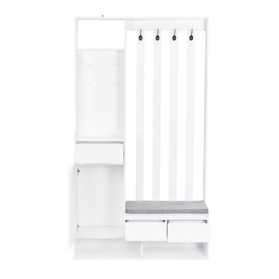 Entryway Bench with Storage,  Hall Tree with Coat Rack and Storage Bench, Wood Coat Tree with Cushioned Stool and Hooks (White)