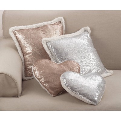Champagne Heart Sequin Pillow with Sherpa Trim