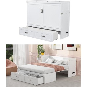 Queen Size Murphy Cube Cabinet Bed with USB Ports and a Large Drawer, Large Drawers and Metal Handles, Multipurpose Guest Room or Home Office - White - 1 of 4