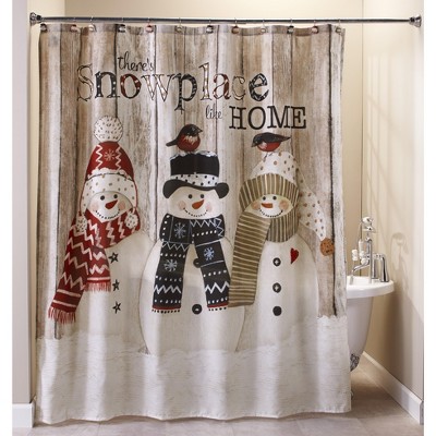 Lakeside Snowman Shower Curtain with Retro Winter Print "Snowplace Like Home"
