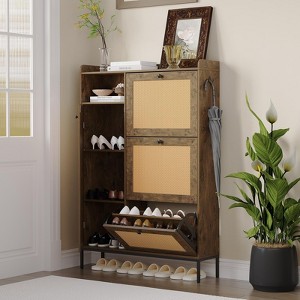 Rattan Shoe Cabinet with 3 Flip Drawers & Adjustable Side Shelves – Free-Standing Wooden Shoe Organizer for Entryway, Hallway, Living Room - 1 of 4