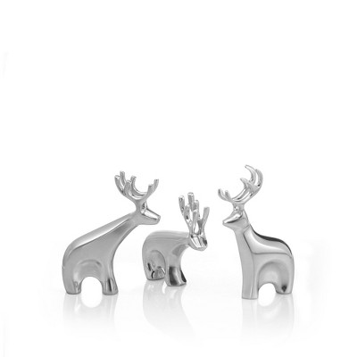Nambe Miniature Figurin Set of 9 - Miniature Reindeer Figurines with Wooden Sleigh - Modern Holiday Figurine Set - Nambe Alloy Christmas Home Decor