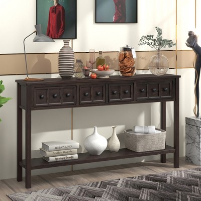 Solid Wood Rustic Console Table with Two Different Size Drawers and Bottom Shelf