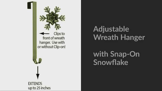 Haute Decor Christmas Adjustable Wreath Hanger with Snowflake Icon Antique Brass, 2 of 5, play video