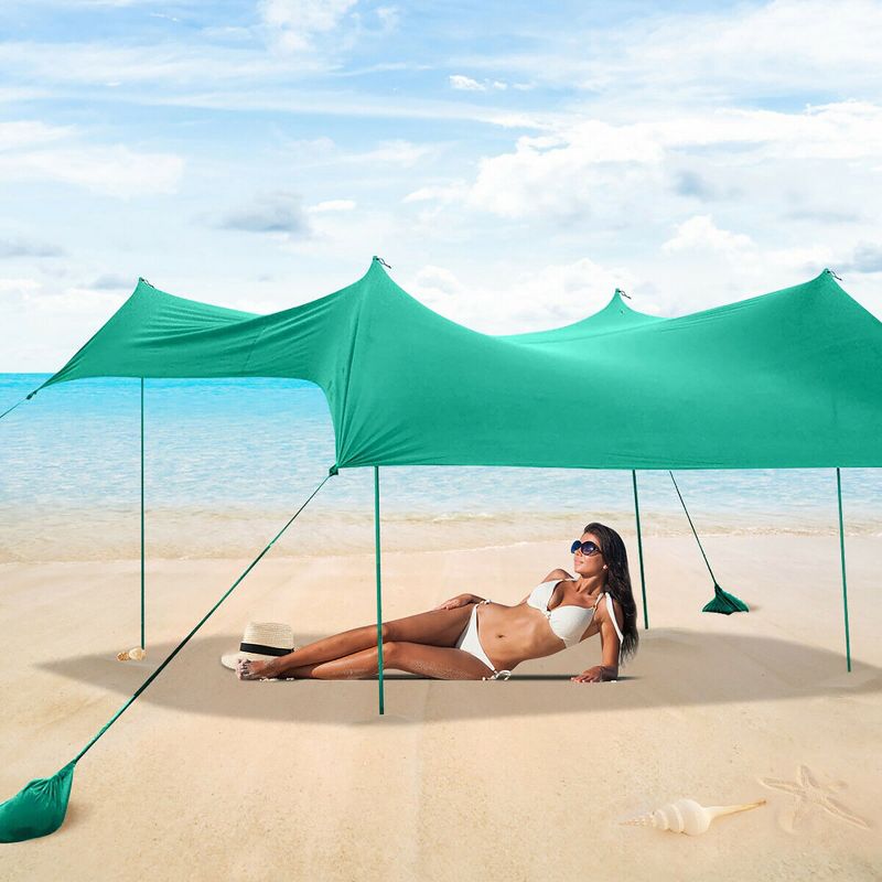 Costway Family Beach Tent Canopy w/ 4 Poles Sandbag Anchors 7'x7' UPF50+ Green, 1 of 8