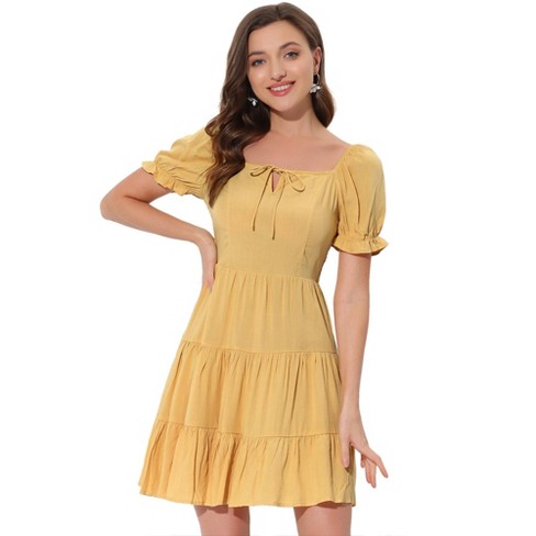 Boho Floral Dresses for Women Elastic Bust Square Neck Puff Short Sleeve  Ruffle Off Shoulder Flowy Summer Midi Dresses (Color : Yellow, Size : S/ Small) : : Clothing, Shoes & Accessories
