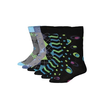 JAMES FIALLO Mens 6 Pairs Fashion Novelty Eclectic Fusion Colorful Patterned Crew Dress Socks