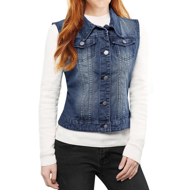 Allegra K Women's Buttoned Washed Denim Vest with Faux Chest Flap Pockets, 4 of 6