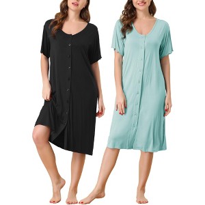 cheibear Women's Short Sleeve Button Down Midi Pajama Dress 2 Packs - 1 of 4