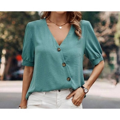 Women's Deep V Neck Solid Button Loose Fit Top - Supreme Fashion