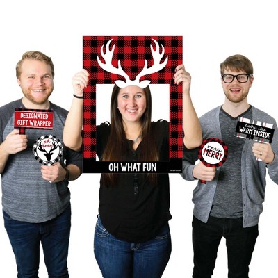 Big Dot of Happiness Prancing Plaid - Christmas and Holiday Buffalo Plaid Party Selfie Photo Booth Picture Frame & Props - Printed on Sturdy Material