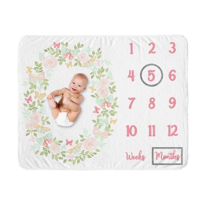 Image of Sweet Jojo Designs Girl Baby Milestone Blanket Butterfly Floral Pink, Green and White