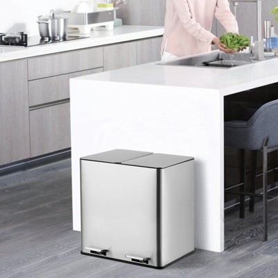 Dual Trash Can, 2x4 Gallon (2x15L) Stainless Steel Step Trash Can, Rectangular Garbage Can with Removable Inner Buckets, Soft-Close Lid, Silver
