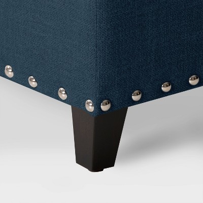 Navy Blue Tufted Fabric Storage Ottoman with Nailhead Trim