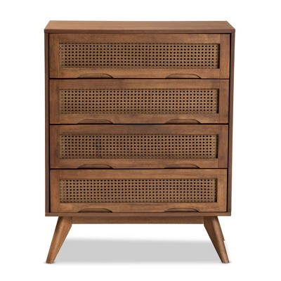 Walnut Brown Mid-Century Wood and Rattan 4-Drawer Chest