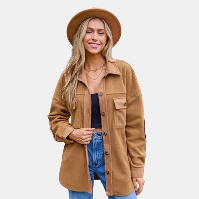 Women's Oversized Camel Button-Down Shirt Jacket - Cupshe