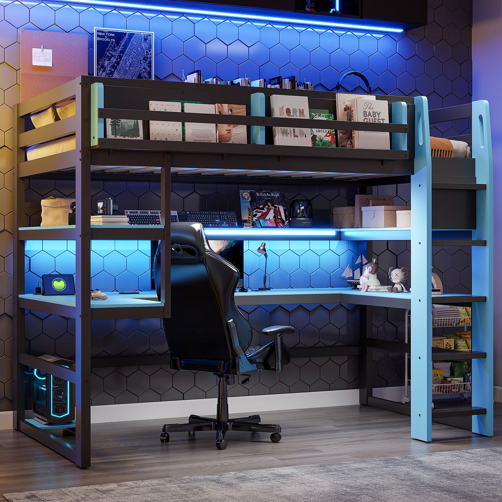 ModernLuxe Twin/Full Size Gaming Loft Bed with Desk & RGB Lights,  Wood Bed Frame with USB Charging Ports & Side Organizer