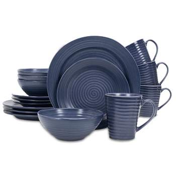 Elanze Designs Chic Ribbed Modern Thrown Pottery Look Ceramic Stoneware Plate Mug & Bowl Kitchen Dinnerware 16 Piece Set - Service for 4, Navy Blue