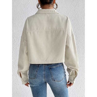Женские куртки YesFashion Women's Corduroy Jacket Casual Button Shirt Jacket Stand Collar Short Coat Fall Spring Outerwear Apricot XL — фото 2