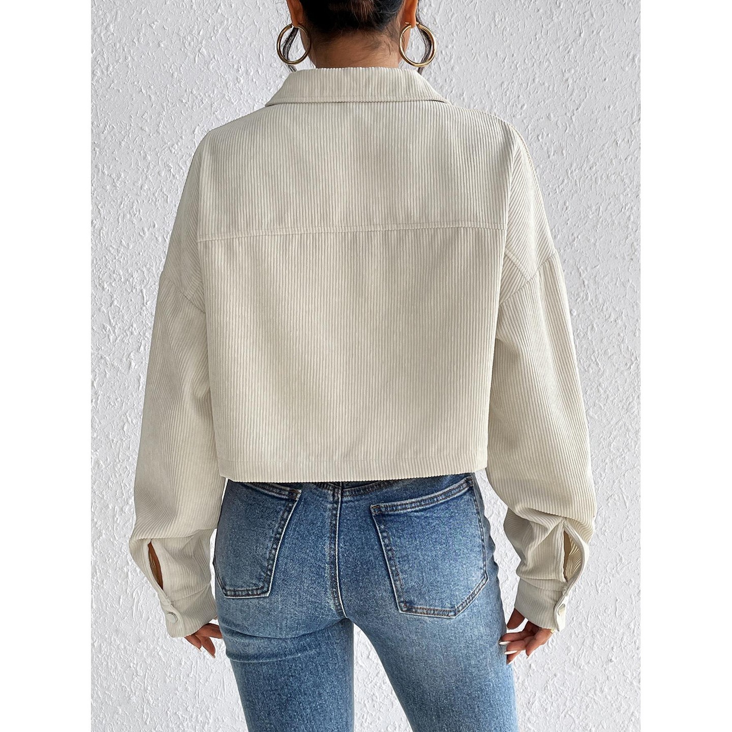 Женская куртка YesFashion Corduroy Jacket Casual Button Shirt Jacket Stand Collar Short Coat Fall Spring Outerwear Apricot — фото 2